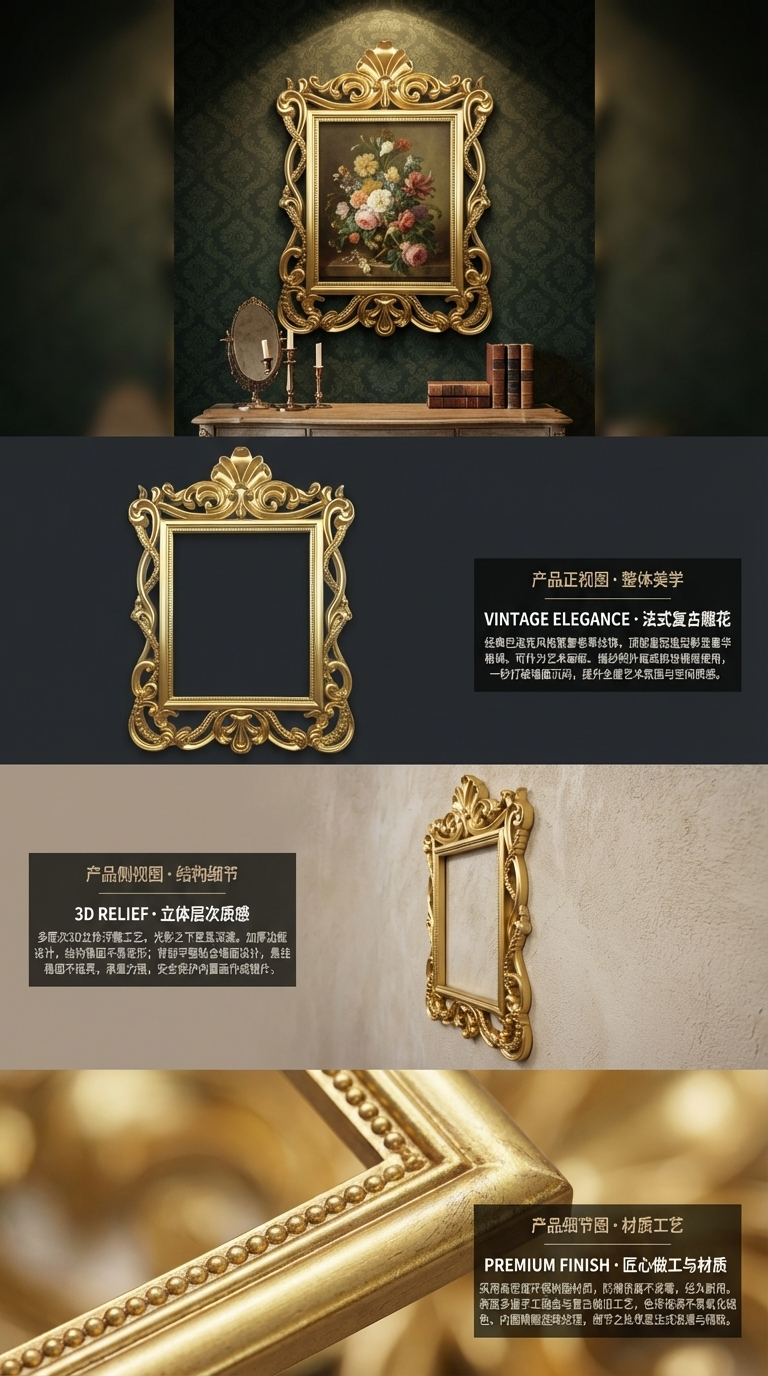 金色华丽镜框穿衣镜120cm镜面镜框镜子镜片详情2