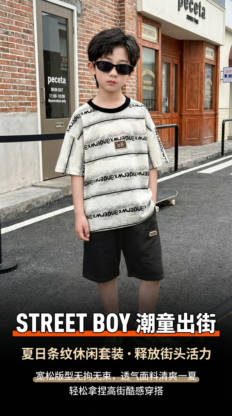 男孩时尚穿搭短袖T恤短裤墨镜滑板韩版童装男童短袖详情1