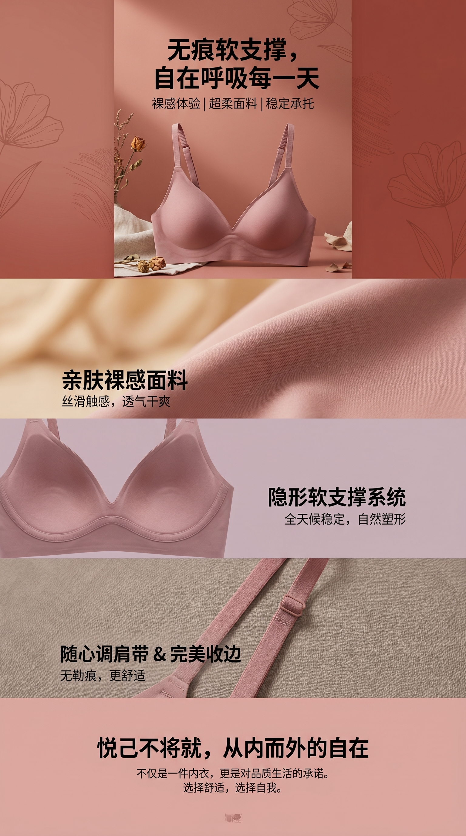 粉色文胸主体 聚拢无钢圈舒适内衣女大罩杯基础款详情1