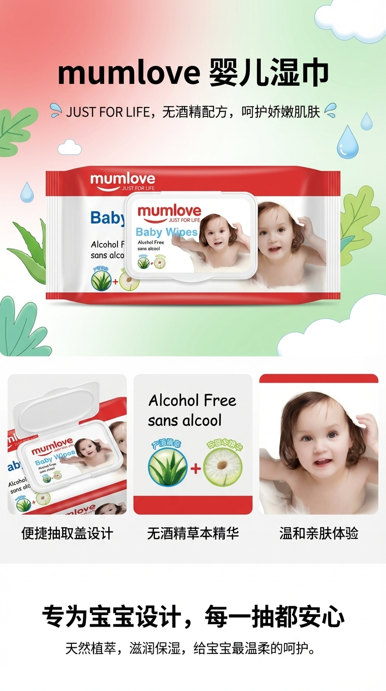 母婴专用婴儿湿纸巾80抽装温和清洁柔润不刺激便携装详情1