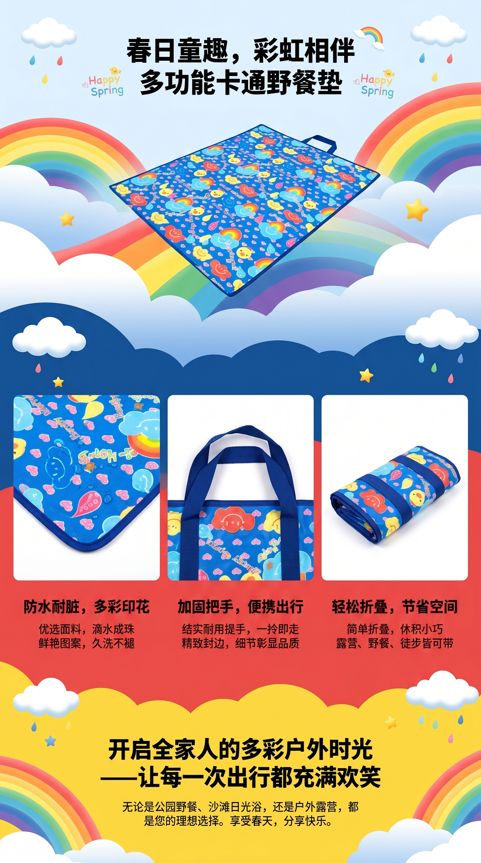 Blue cartoon pattern handbag, large-capacity eco-friendly cotton and linen shopping bag, foldable and portable pic 1